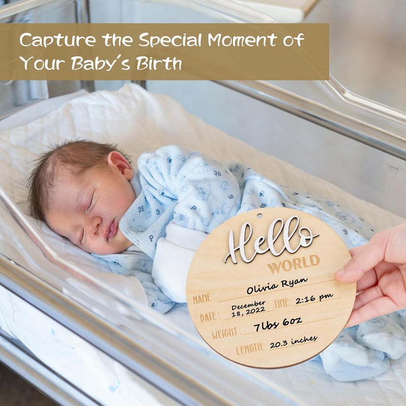 Giftacity Hello World Sign for Baby Announcement: Gender-Neutral Wooden Welcome Newborn Signs for Hospital with Footprint - Baby Birth Round Board for New Boy and Girl - Image 2